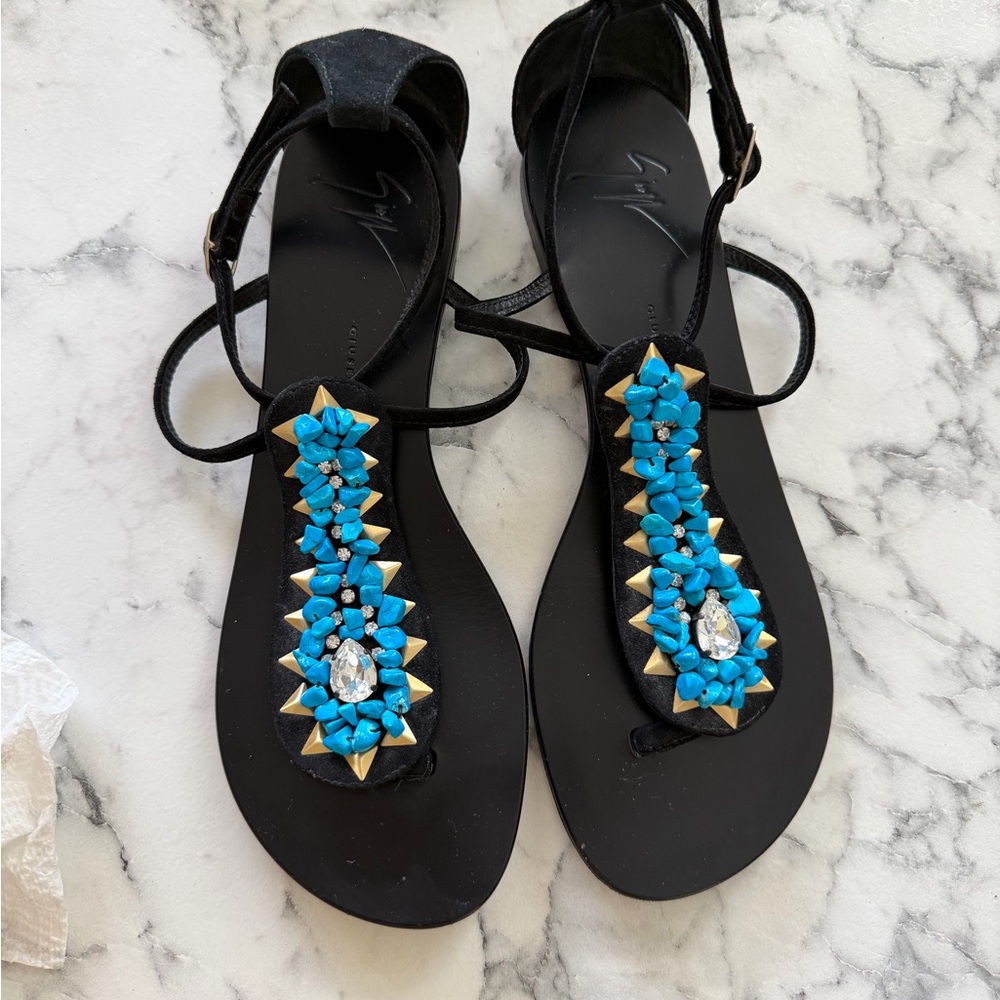 Giuseppe Zanotti Black Sandals with Blue and Gold Accents